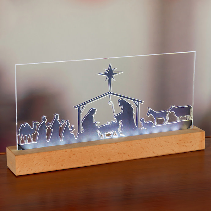 Christmas/Winter LED Nativity Table Top Sign 11x6h Wood/Glass