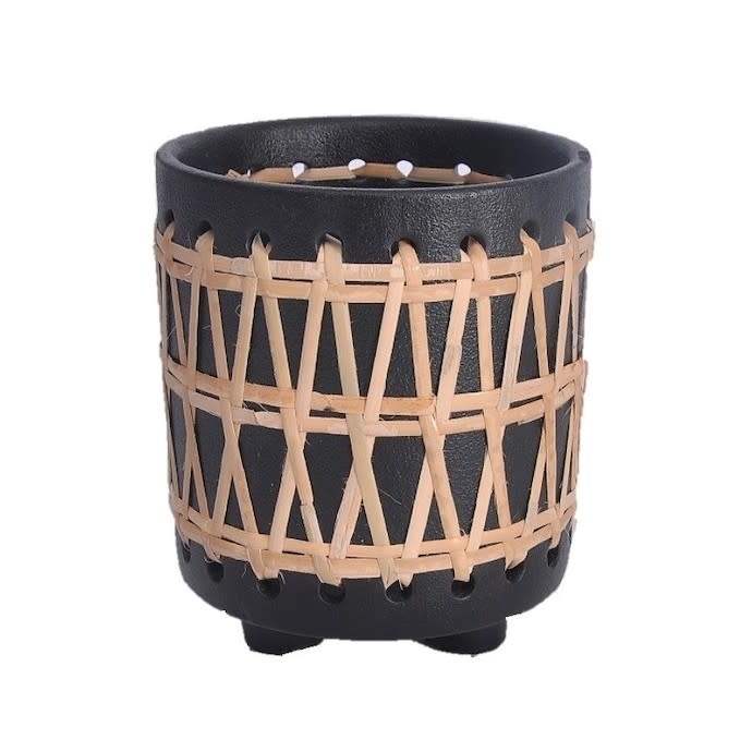 Pot Footed Cylinder w/ Rattan 6.5x7.5 Black
