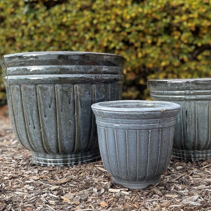J10Pottery Glazed Pot Basil Footed w/Banded Rim Lrg 14x12 Lt. Black