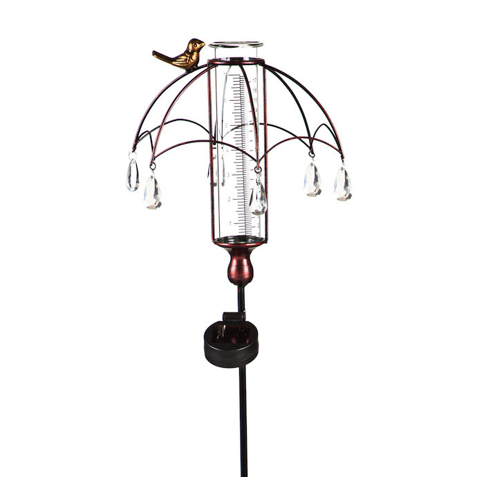 Rain Gauge Stake Solar Umbrella w/Bird Metal/Glass 9x36