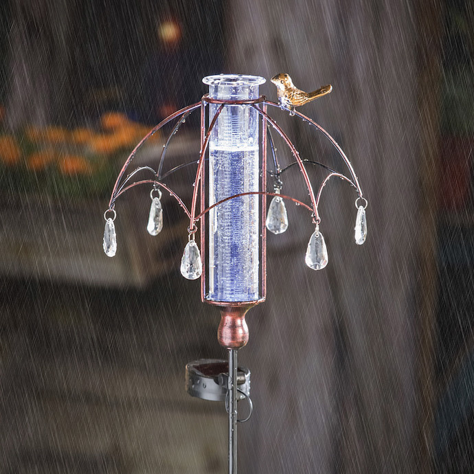 Rain Gauge Stake Solar Umbrella w/Bird Metal/Glass 9x36