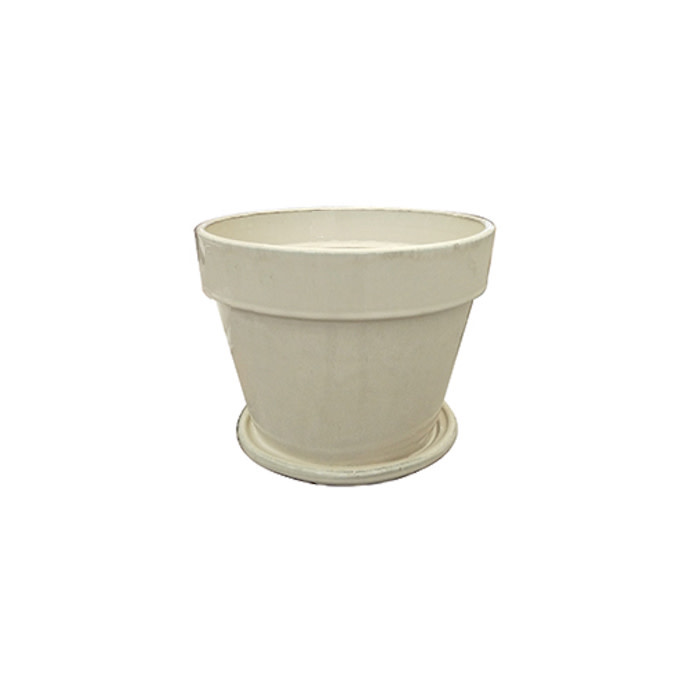 Pot Matte Floral/Glazed Standard w/att Saucer Lrg 6.75x6.75 Pale Grn/Tan/Brt Wht