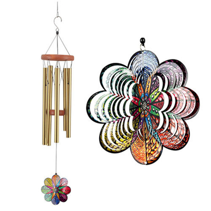 Wind Chime Rainbow Flower Geo Medallion 30" Metal/Wood