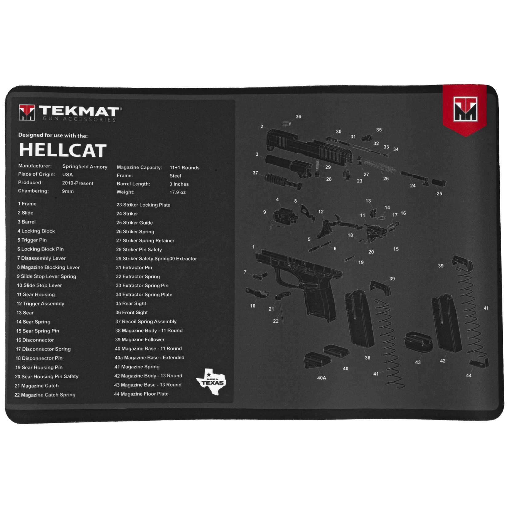 Tekmat TekMat, Original Mat, Springfield Hellcat, Cleaning Mat, Thermoplastic Surface Protects Gun From Scratching, 1/8" Thick, 11"x17", Tube Packaging, Black