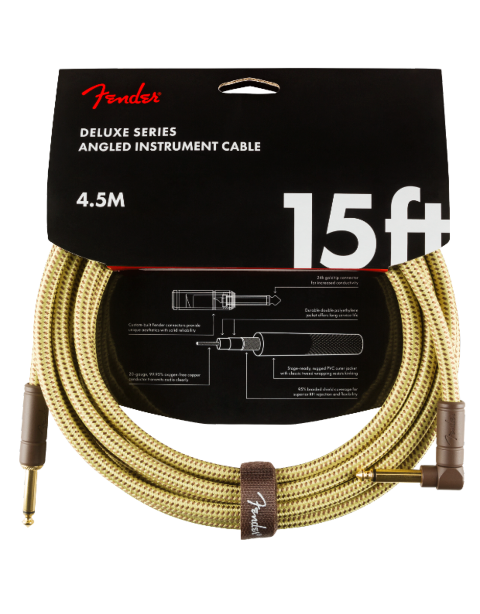 Fender Fender Deluxe Series Instrument Cable, Straight/Angle, 15', Tweed