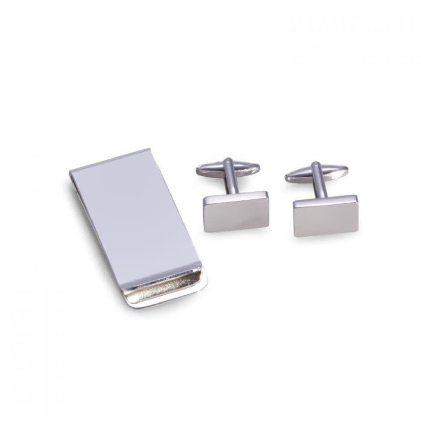Silver Plated Rectangular Design Cufflinks & Money Clip Set