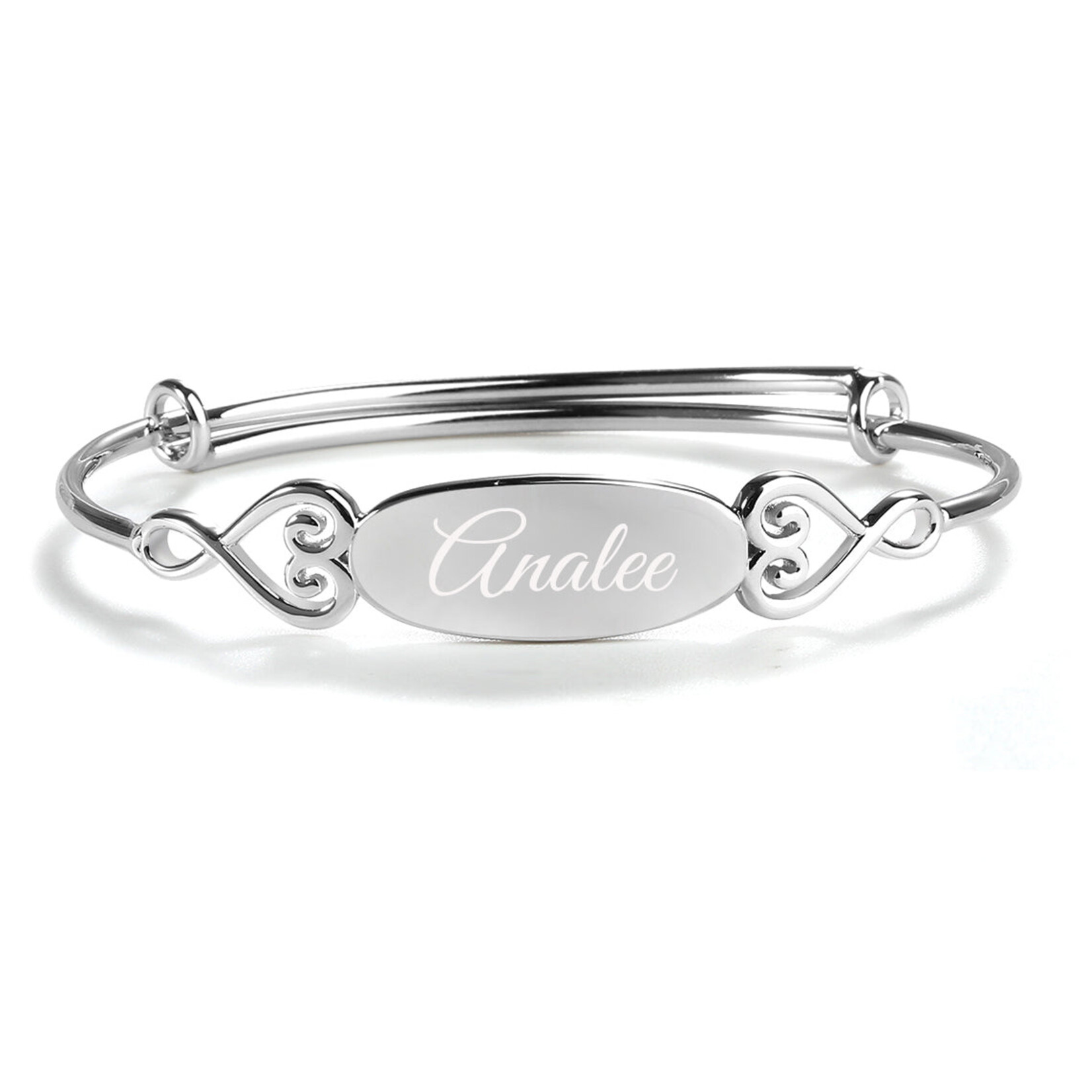 Kids Bangle (Adjustable) - Sterling Silver Oval Bangle Bracelet with Hearts