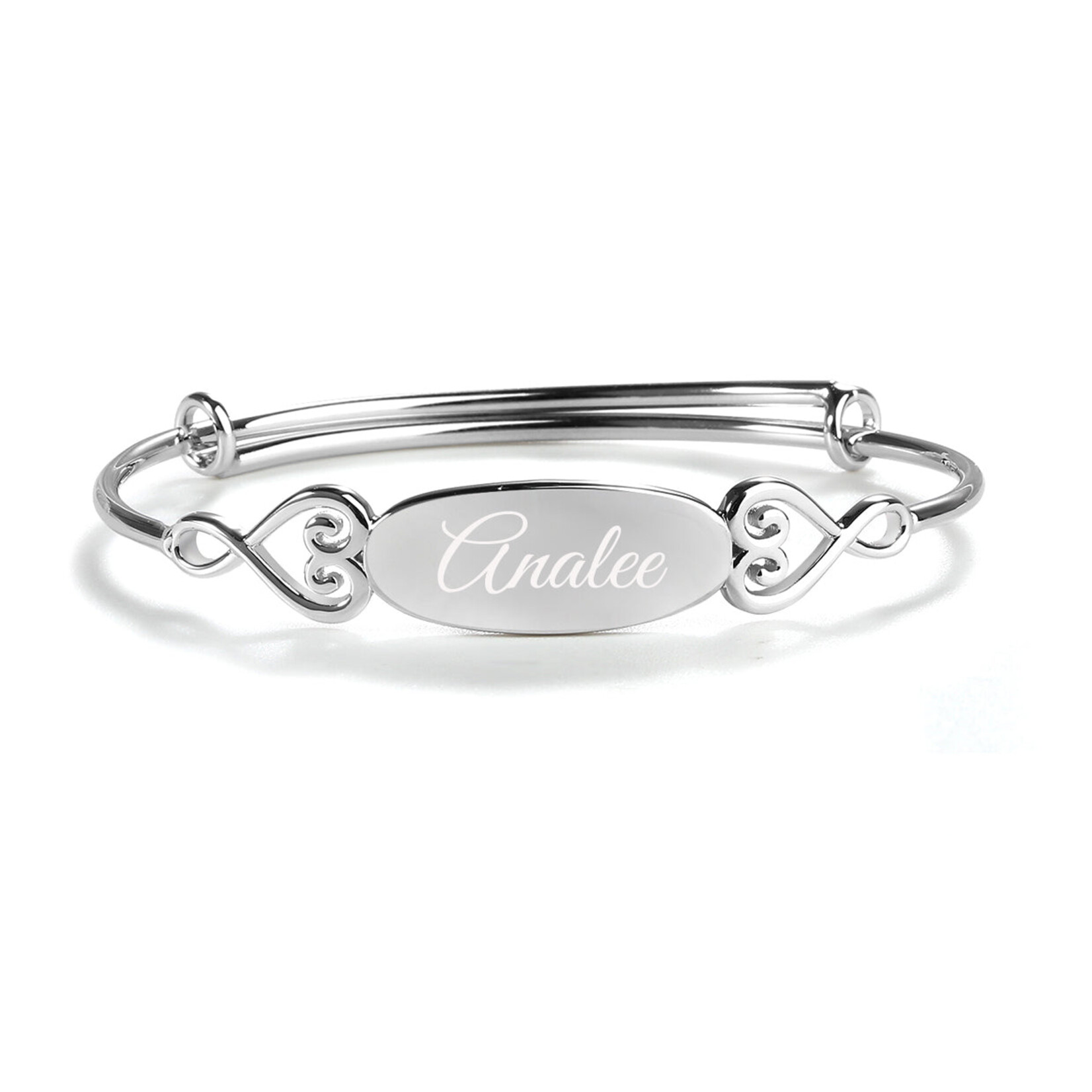 Kids Bangle (Adjustable) - Sterling Silver Oval Bangle Bracelet with Hearts