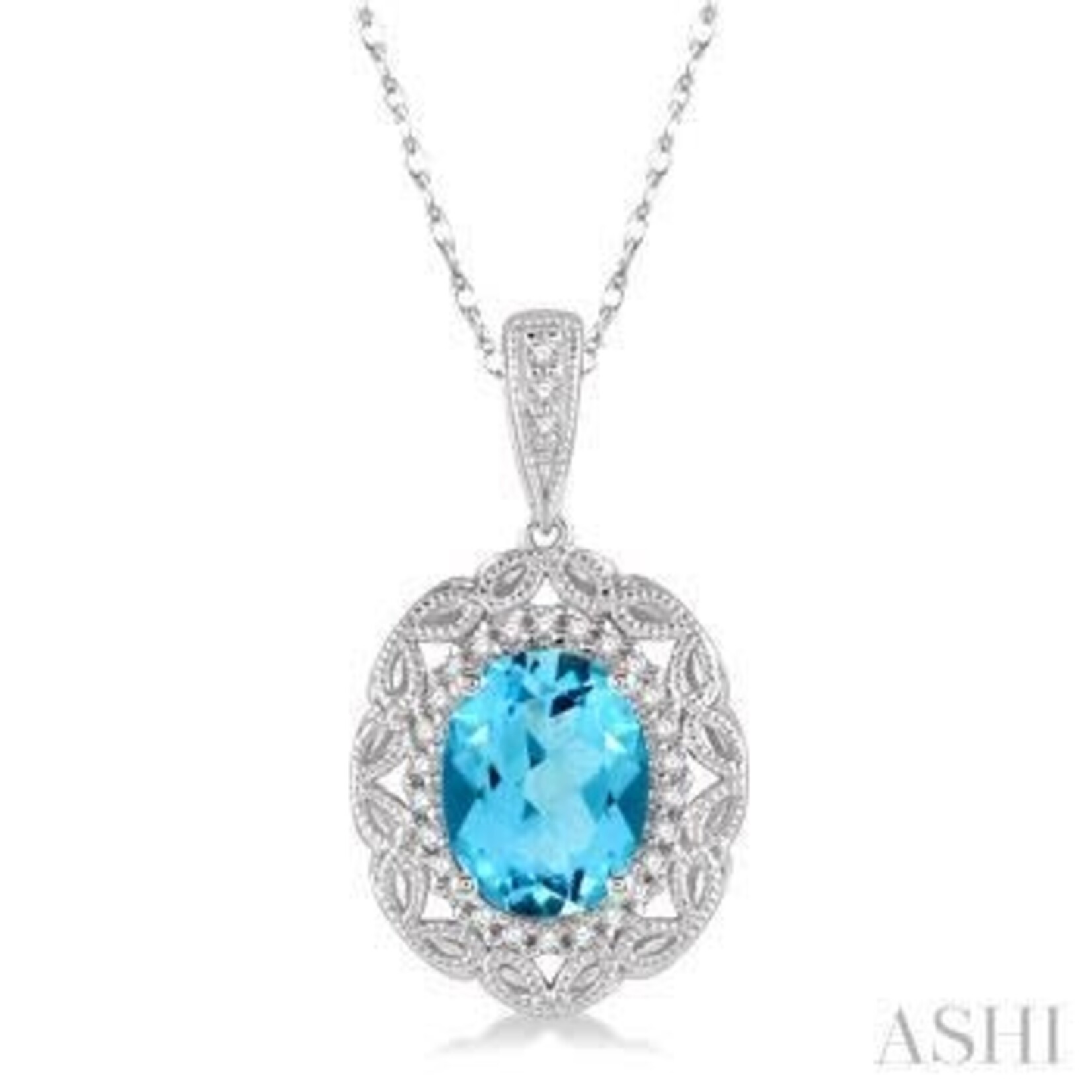 10k White Gold Blue Topaz & Diamond Pendant