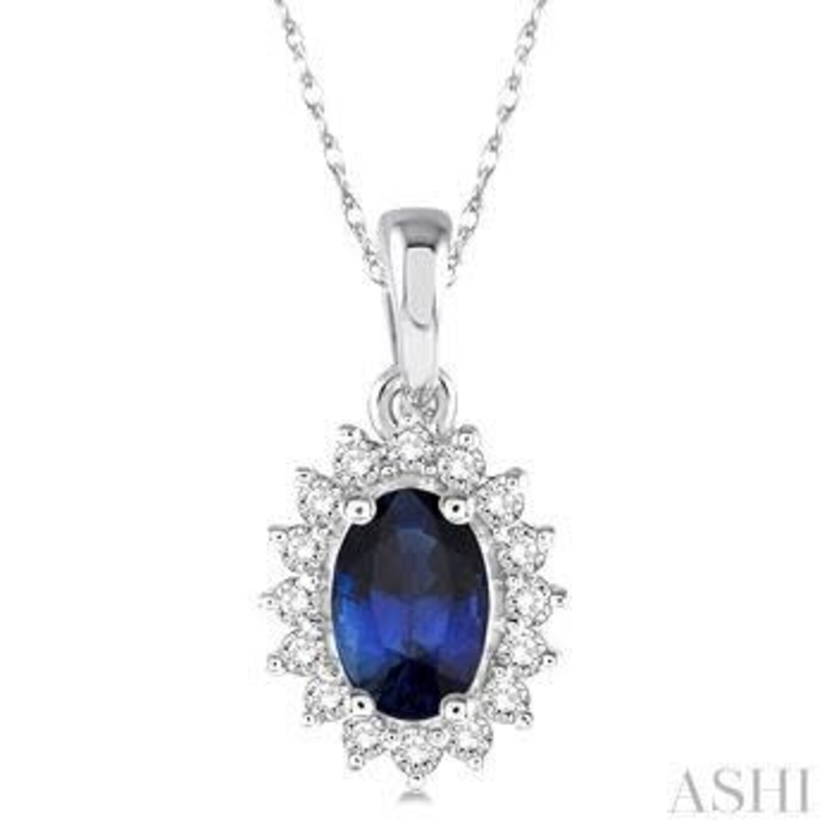 10k White Gold Oval Sapphire & Diamond Pendant with Chain