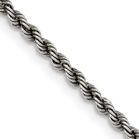 Sterling Silver Ruthenium 2.3mm Rope Chain 26"