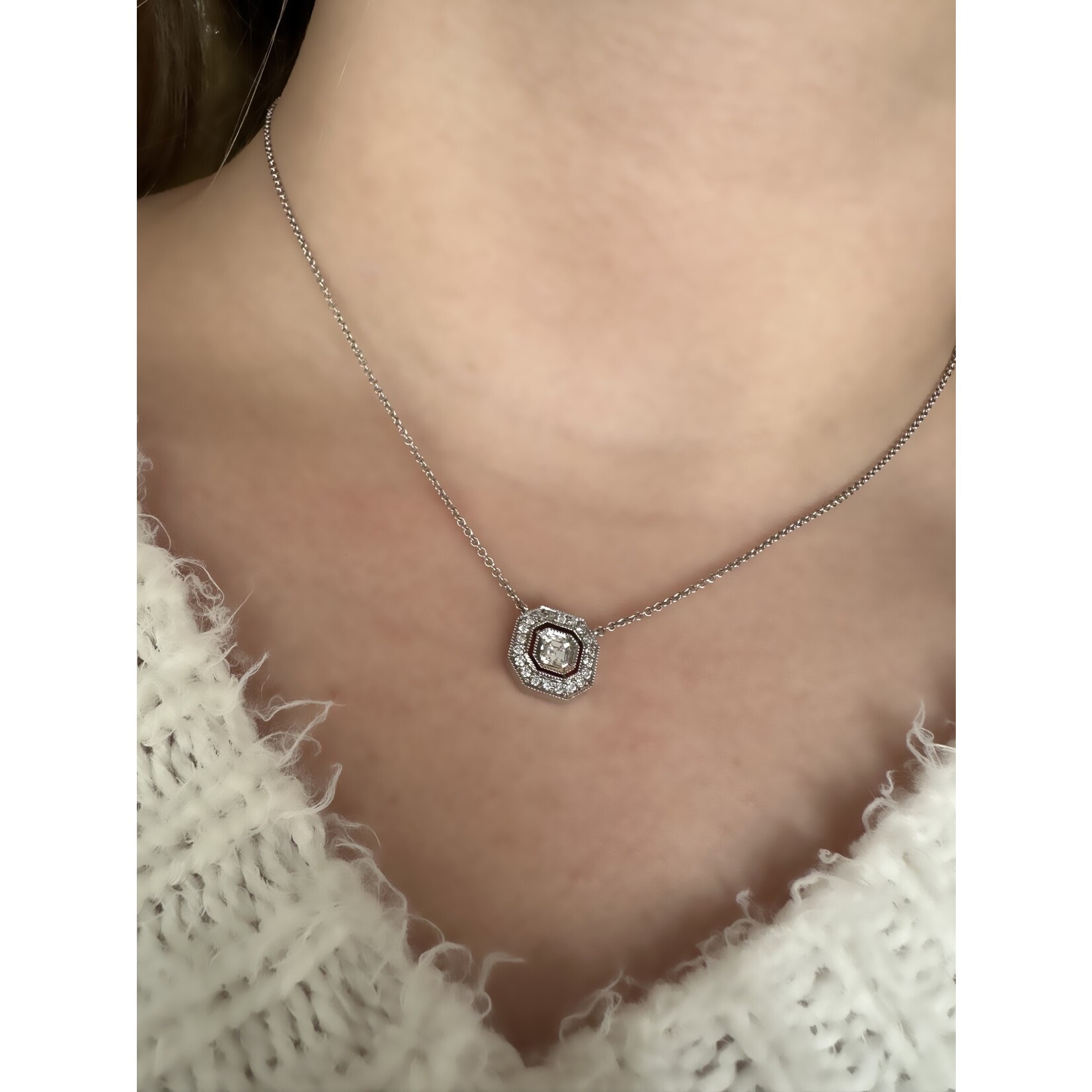 14k White Gold Asscher Cut Diamond Necklace