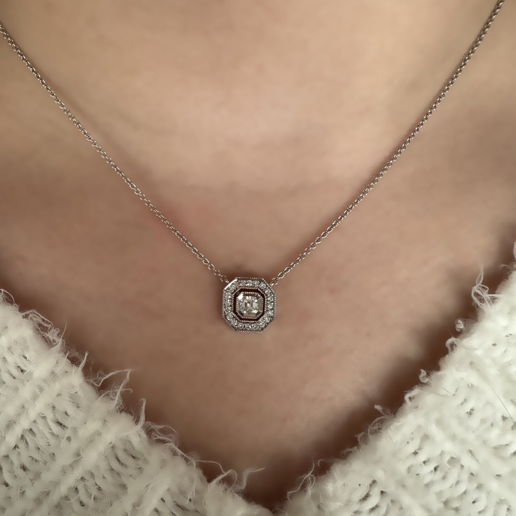 14k White Gold Asscher Cut Diamond Necklace