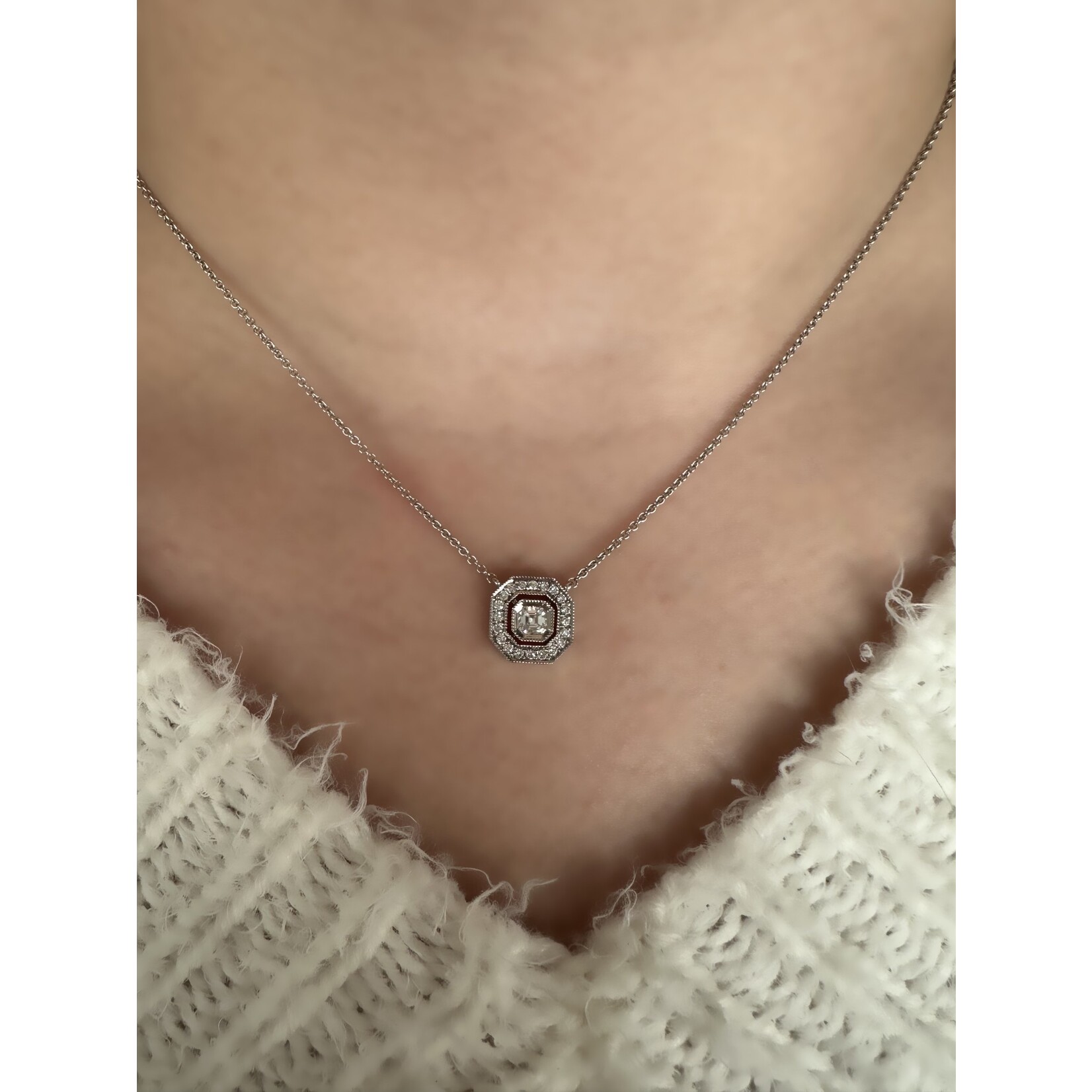 14k White Gold Asscher Cut Diamond Necklace