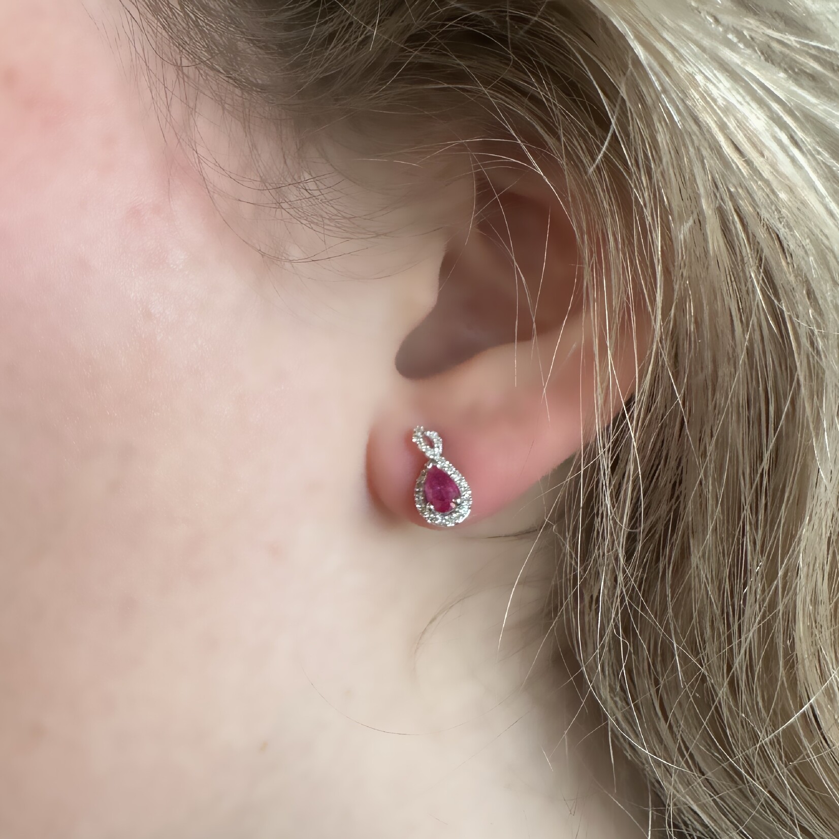 14k White Gold Pear Ruby & Diamond Earrings