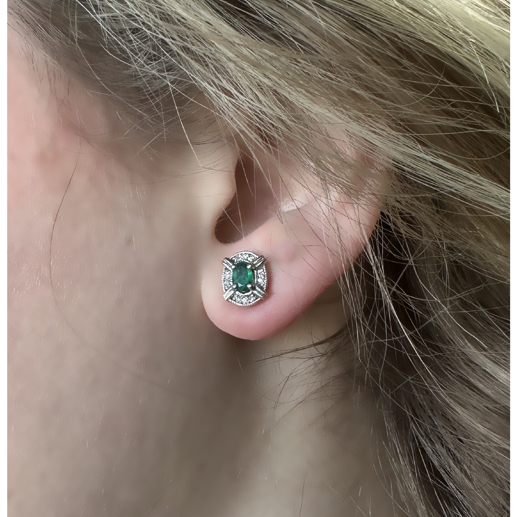10k White Gold Emerald & Diamond Earrings