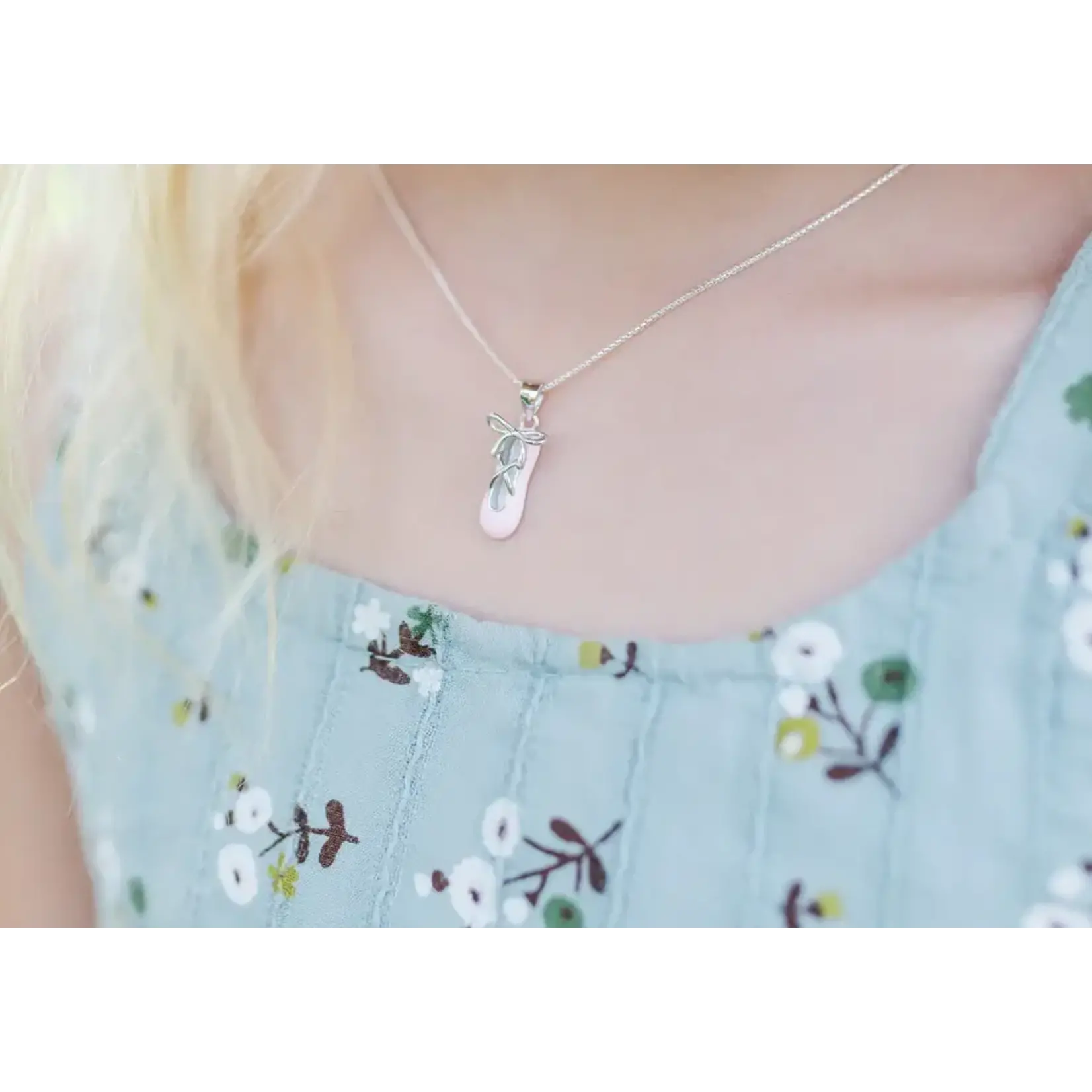 Sterling Silver Pink Enamel Ballerina Slipper Necklace
