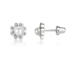 Sterling Silver White Pearl Button Screw Back Earring with CZs