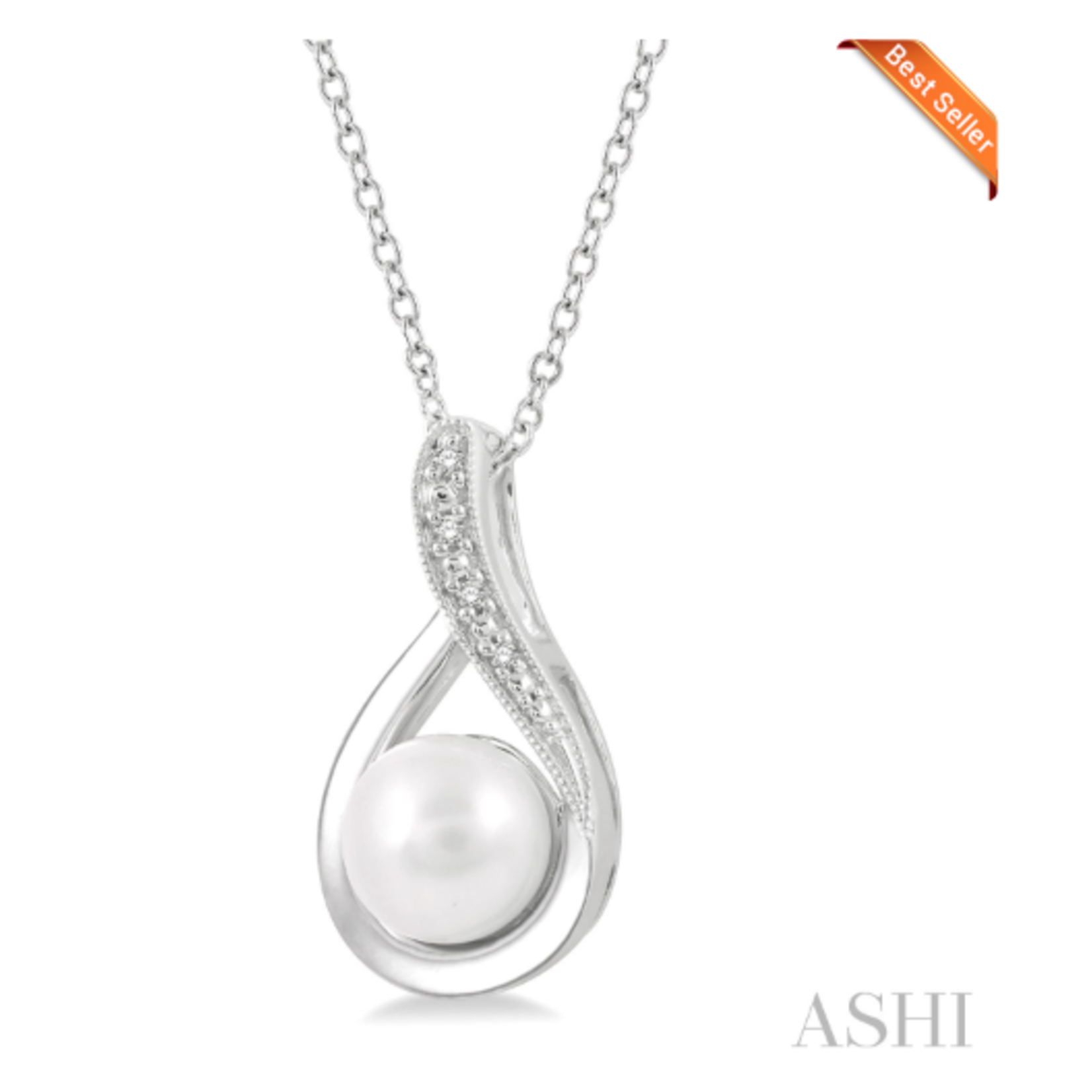 Sterling Silver Pearl and Diamond Pendant with Chain