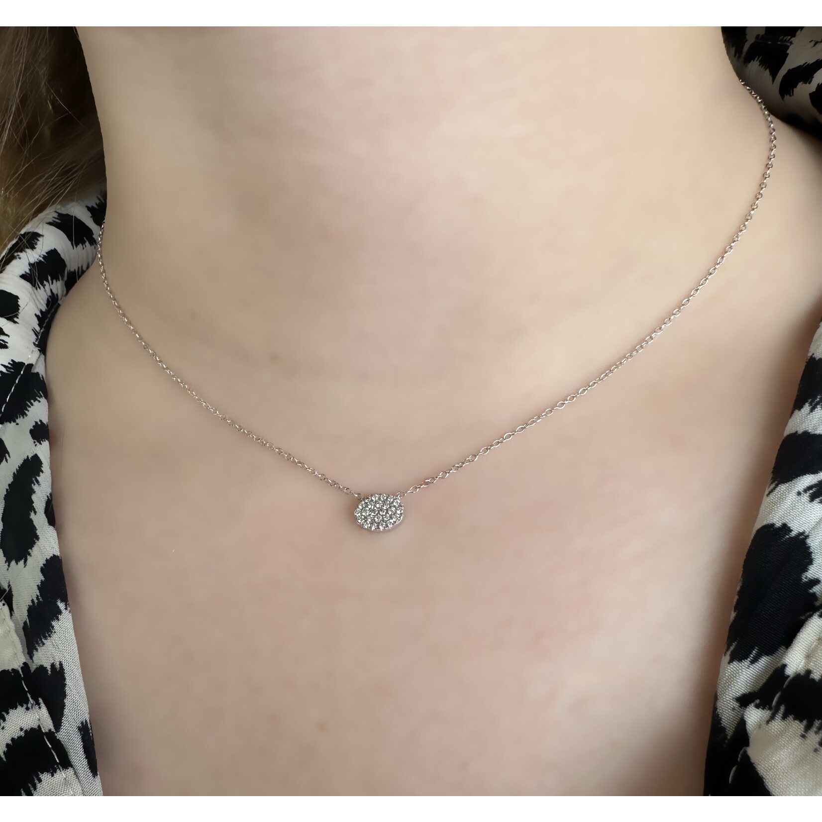 14k White Gold Diamond Oval Cluster Pendant with Chain