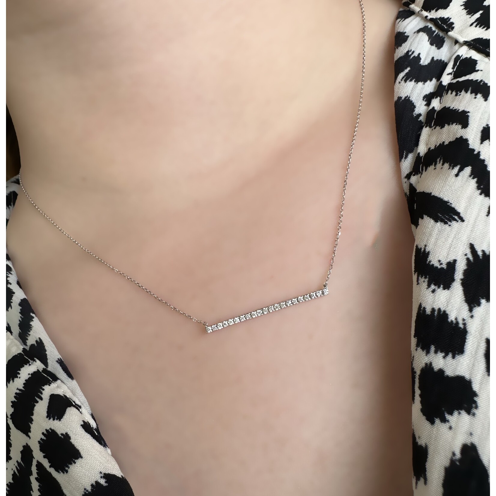 14k White Gold Diamond Bar Necklace with Chain