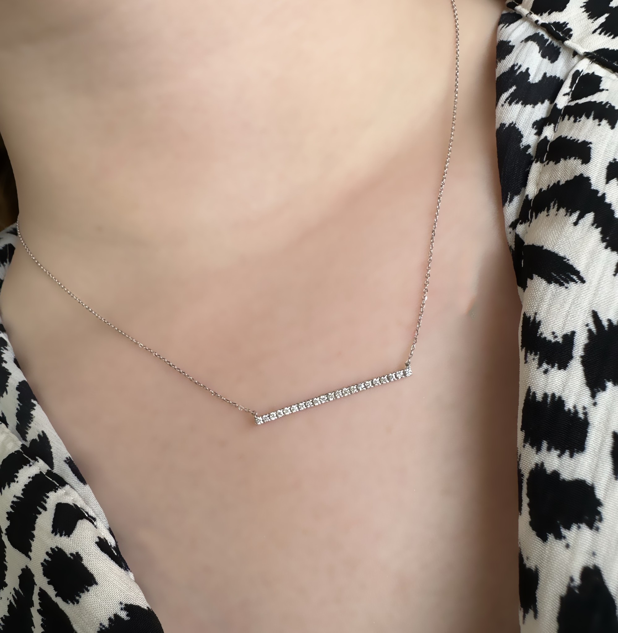 14k White Gold Diamond Bar Necklace with Chain