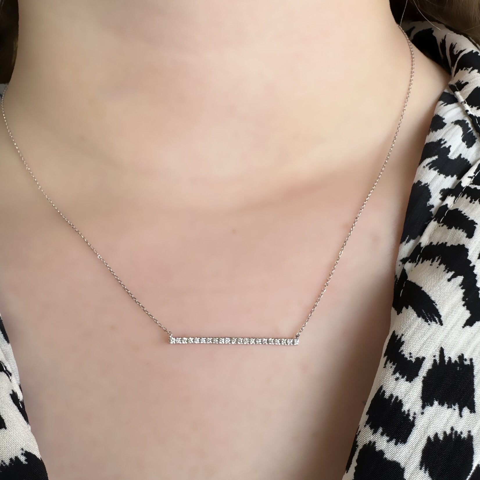 14k White Gold Diamond Bar Necklace with Chain