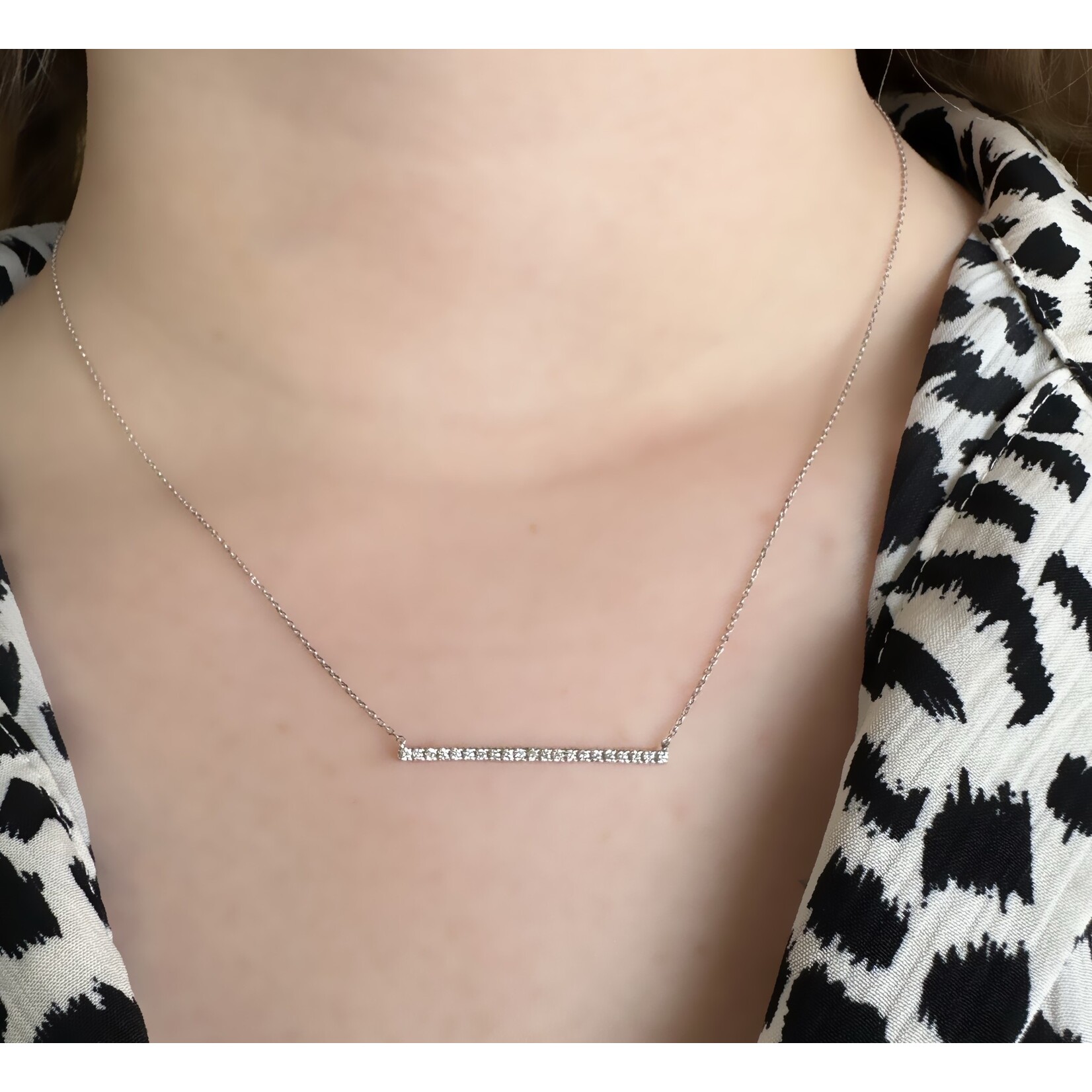 14k White Gold Diamond Bar Necklace with Chain