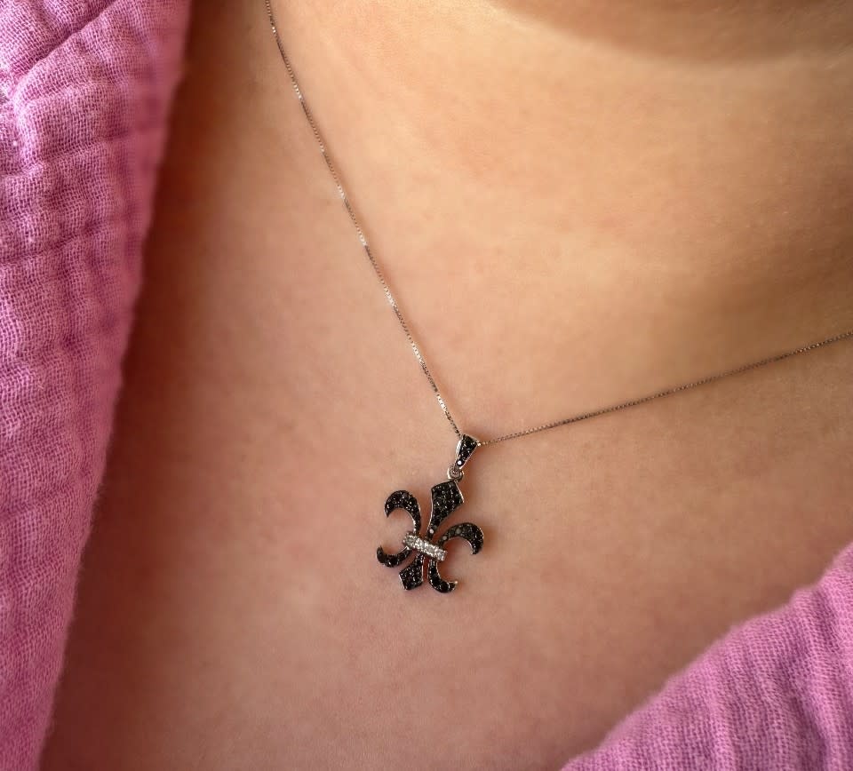 10k White Gold Black Diamond Fleur de Lis Pendant with Chain
