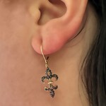14k Yellow Gold Black Diamond Fleur de Lis Dangle Earrings