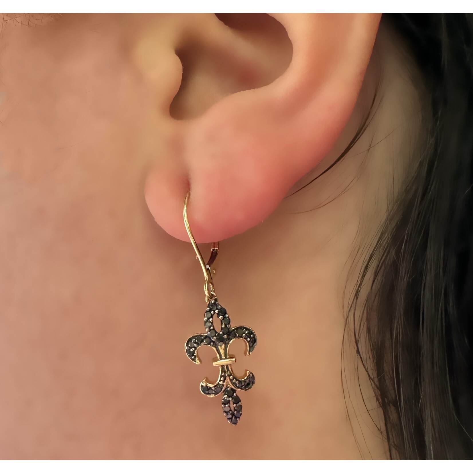 14k Yellow Gold Black Diamond Fleur de Lis Dangle Earrings
