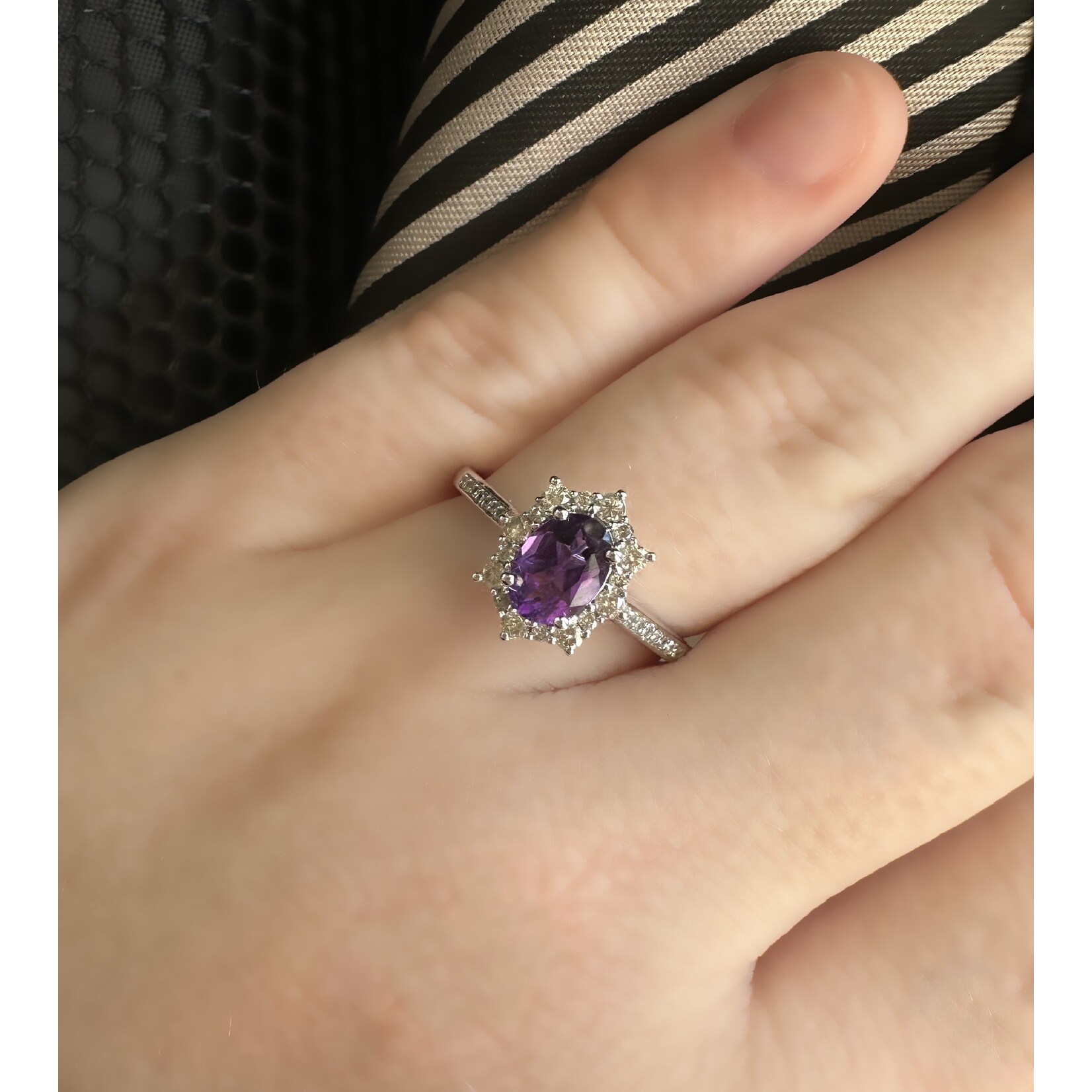10k White Gold Oval Amethyst & Diamond Ring