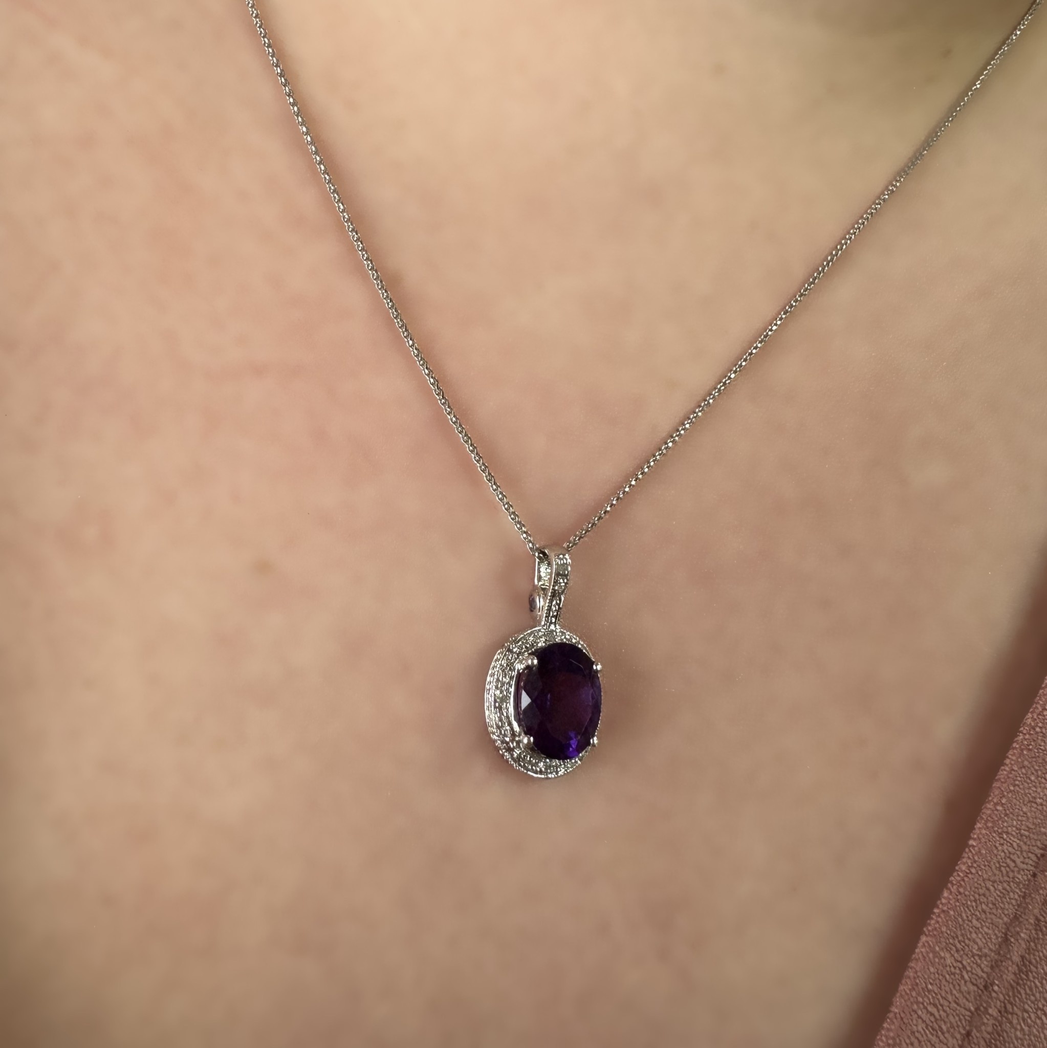 14k White Gold Oval Amethyst & Diamond Pendant