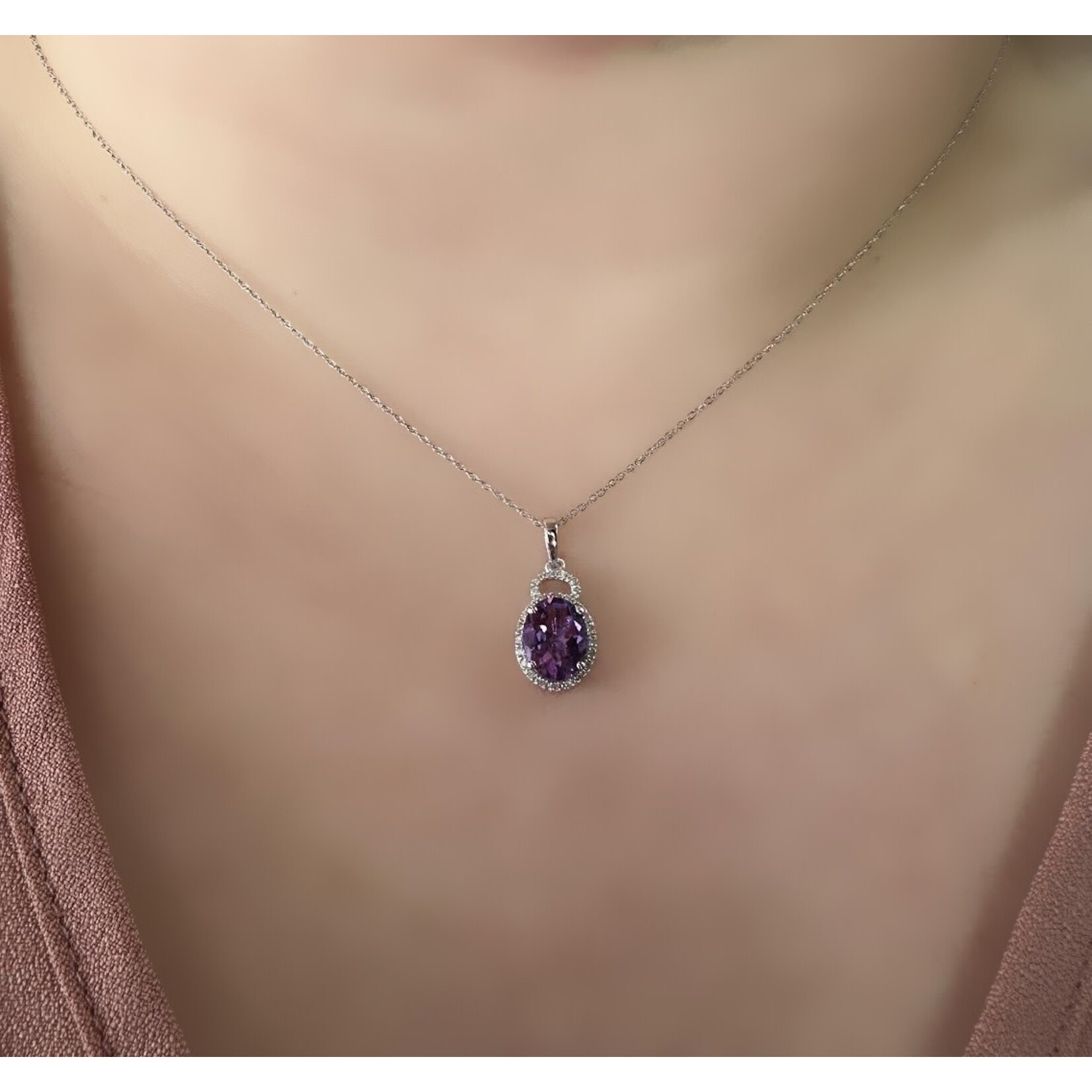 10k White Gold Oval Amethyst & Diamond Pendant with Chain
