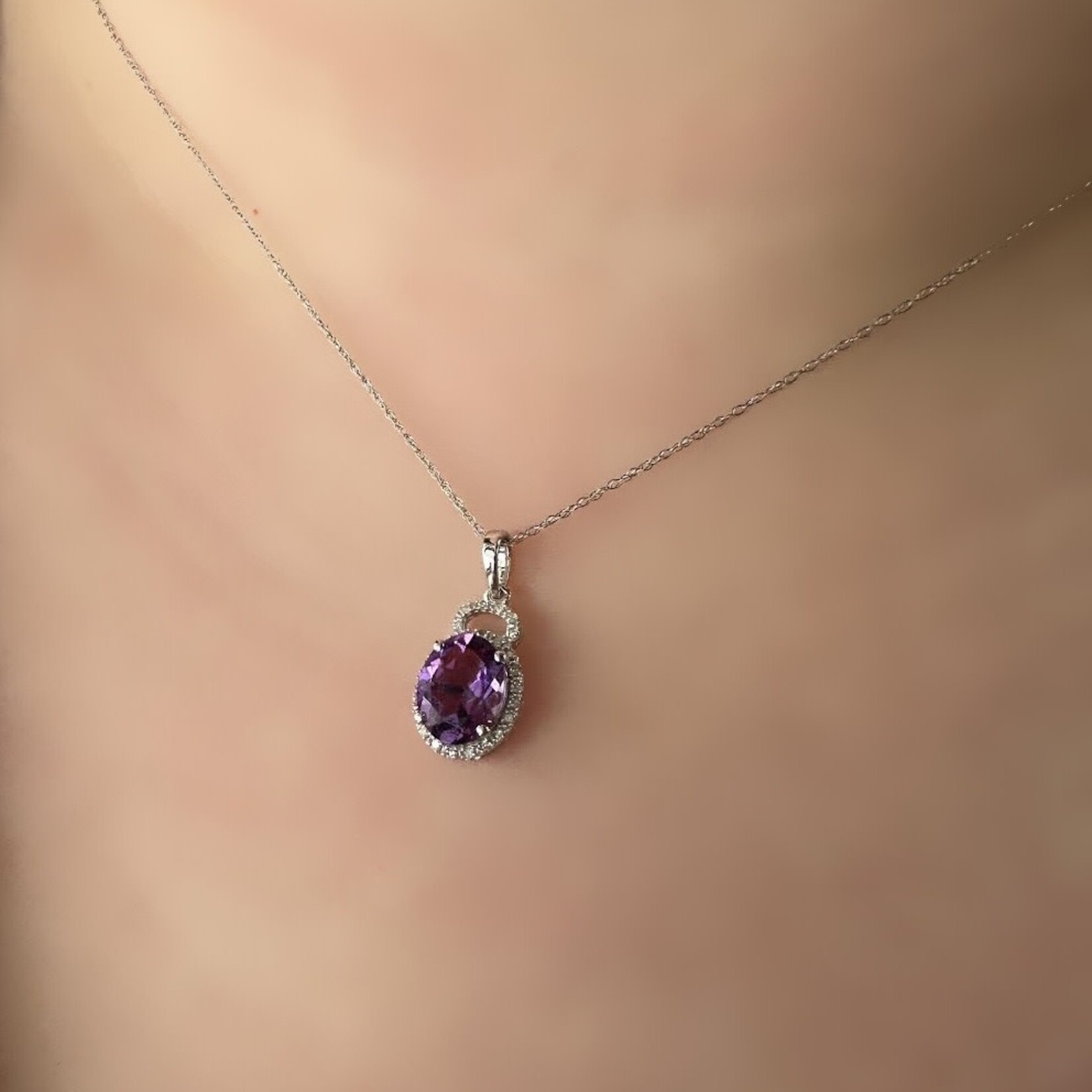 10k White Gold Oval Amethyst & Diamond Pendant with Chain