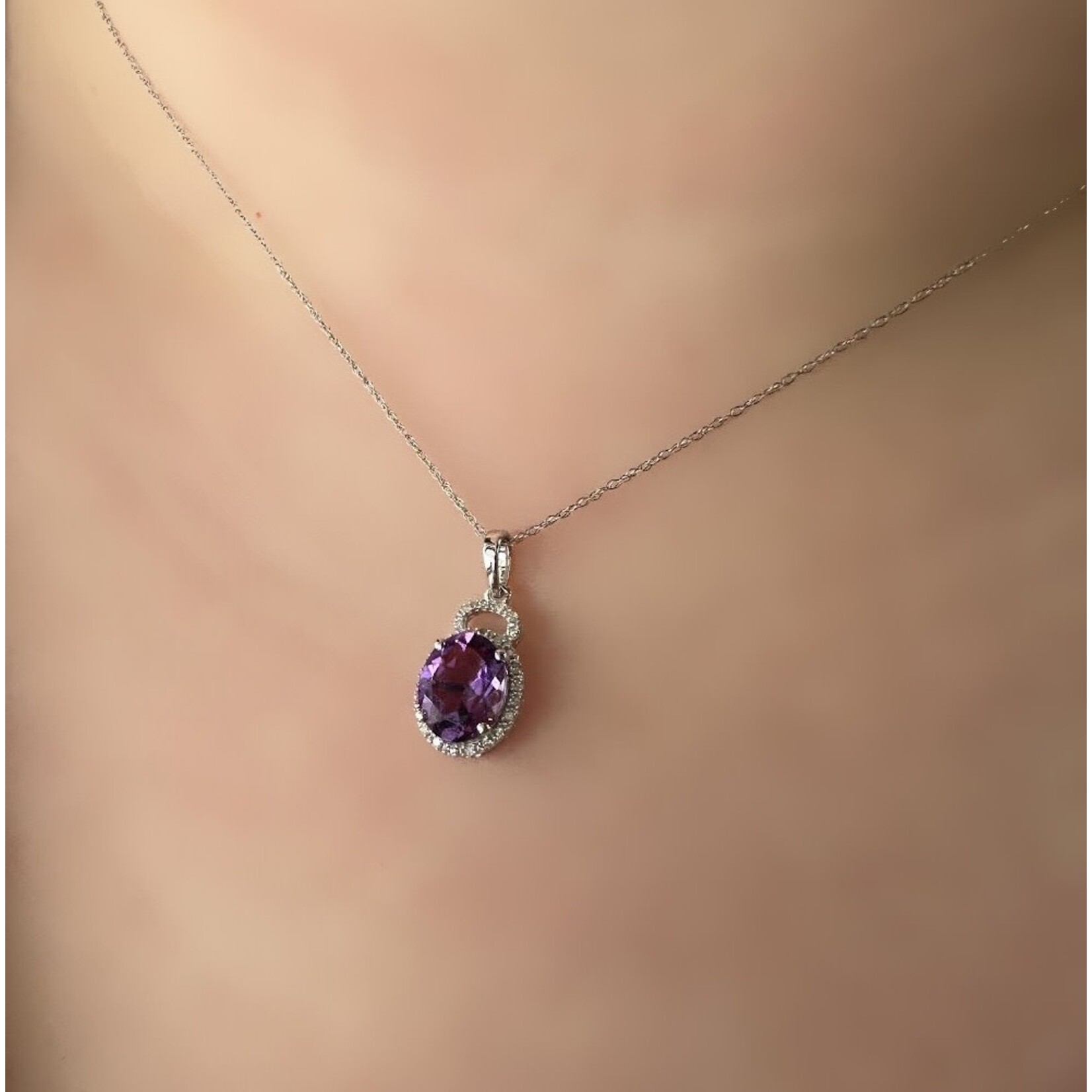 10k White Gold Oval Amethyst & Diamond Pendant with Chain
