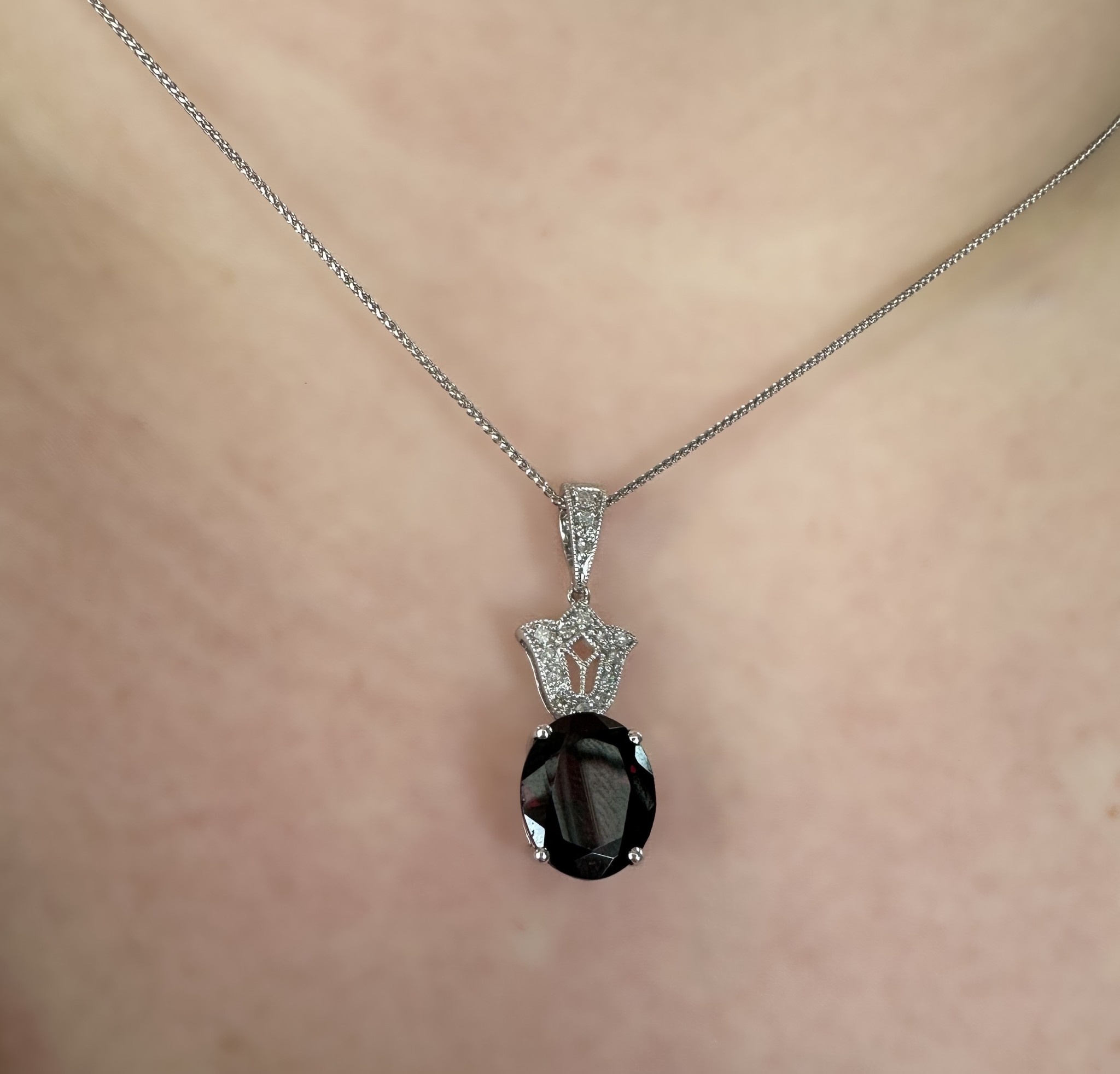 14k White Gold Oval Garnet & Diamond Pendant