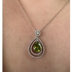18k White Gold Pear Peridot & Double Halo Diamond Pendant