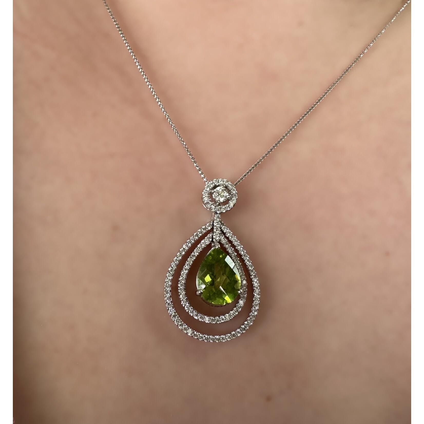 18k White Gold Pear Peridot & Double Halo Diamond Pendant