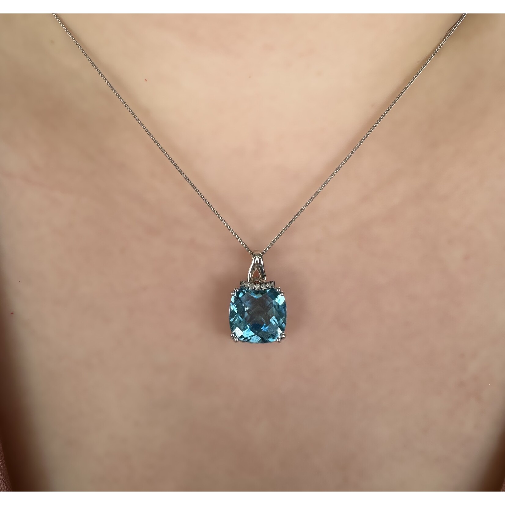 10k White Gold Blue Topaz & Diamond Pendant