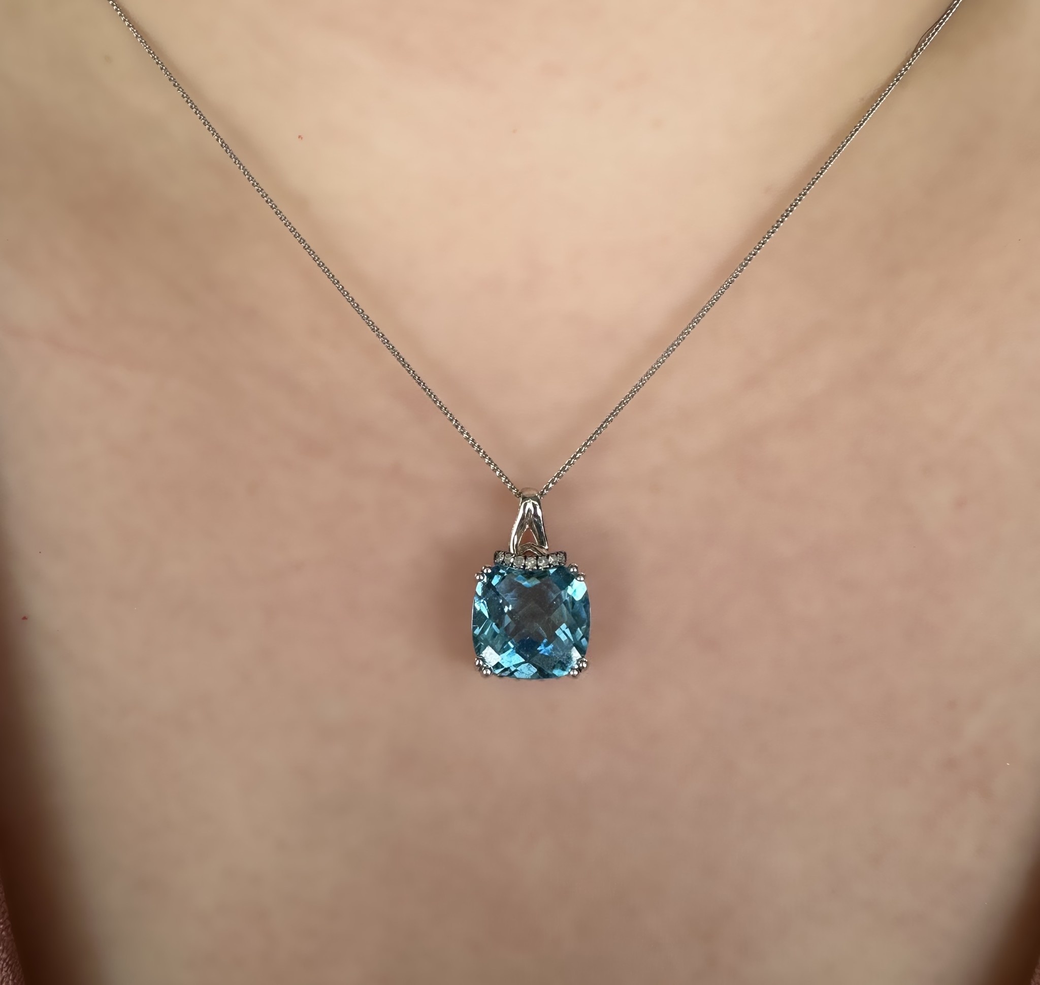 10k White Gold Blue Topaz & Diamond Pendant