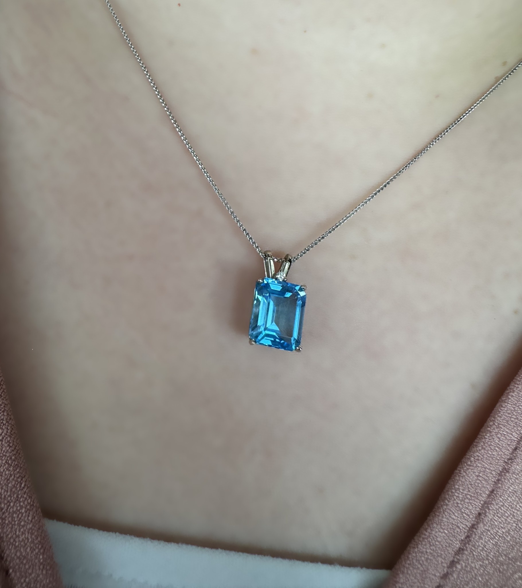 14k White Gold Blue Topaz & Diamond Pendant