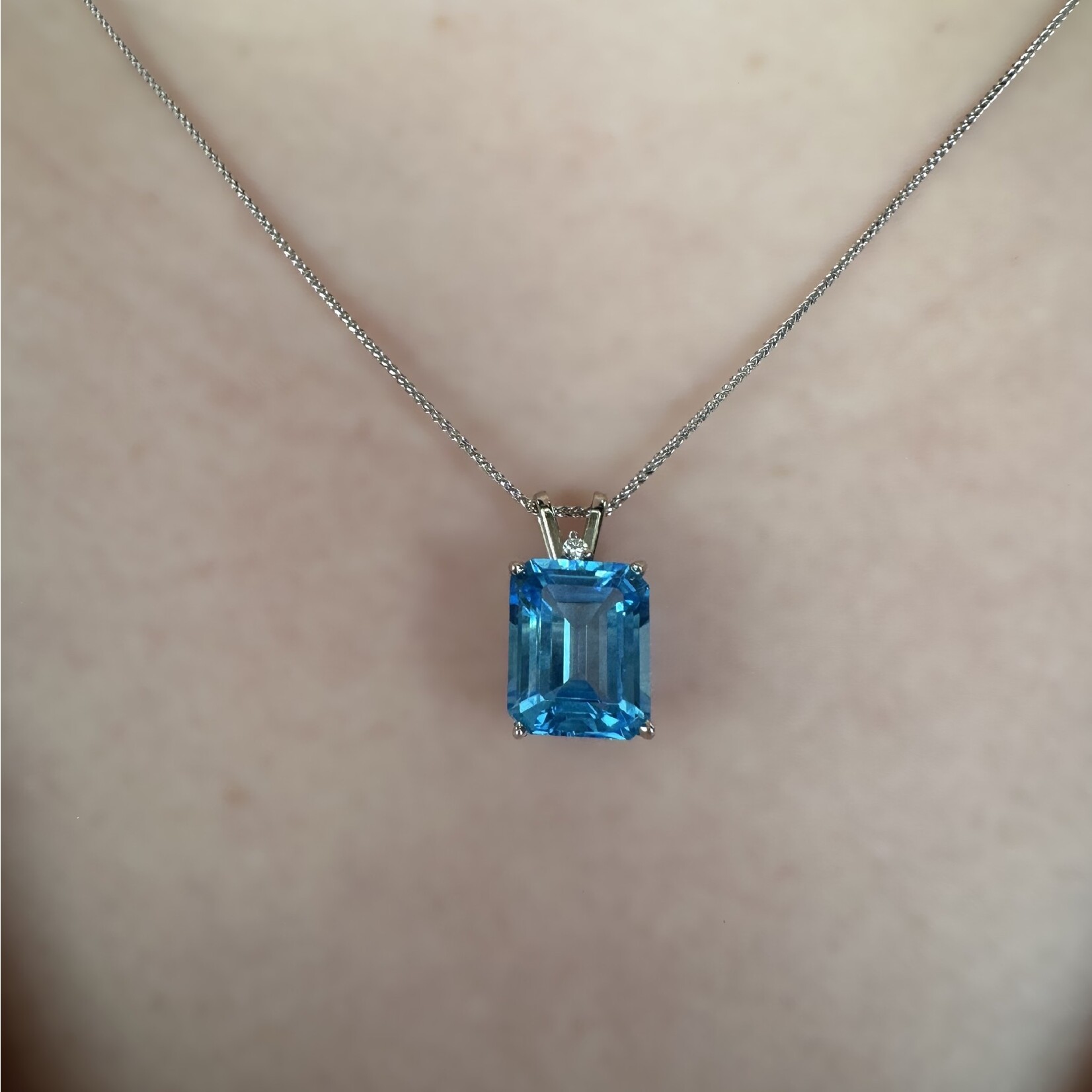 14k White Gold Blue Topaz & Diamond Pendant