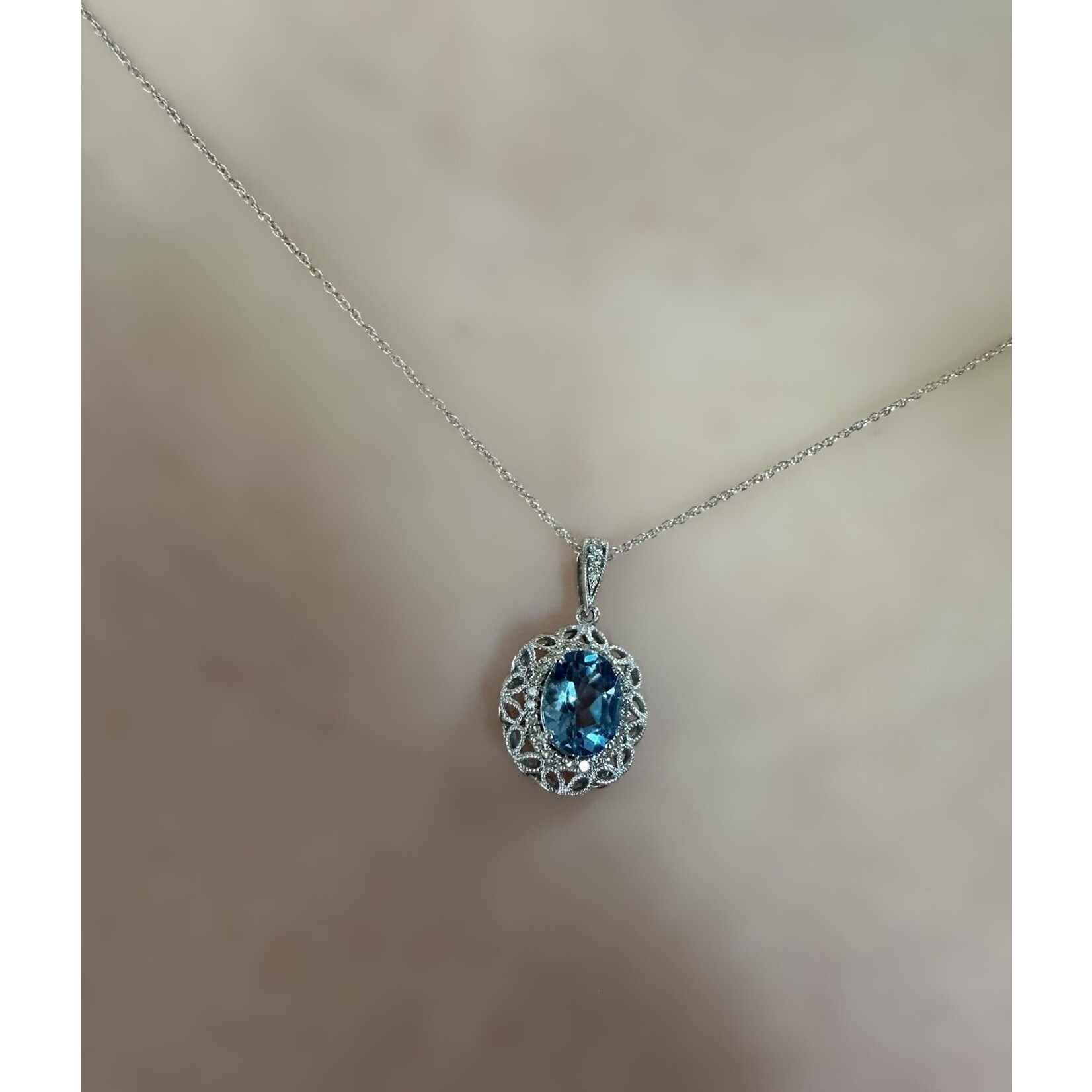 10k White Gold Blue Topaz & Diamond Pendant