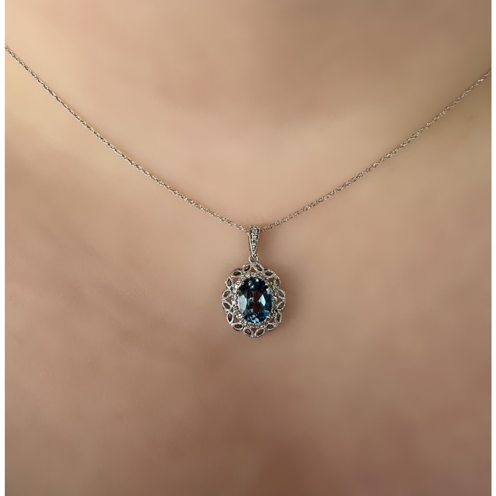 10k White Gold Blue Topaz & Diamond Pendant