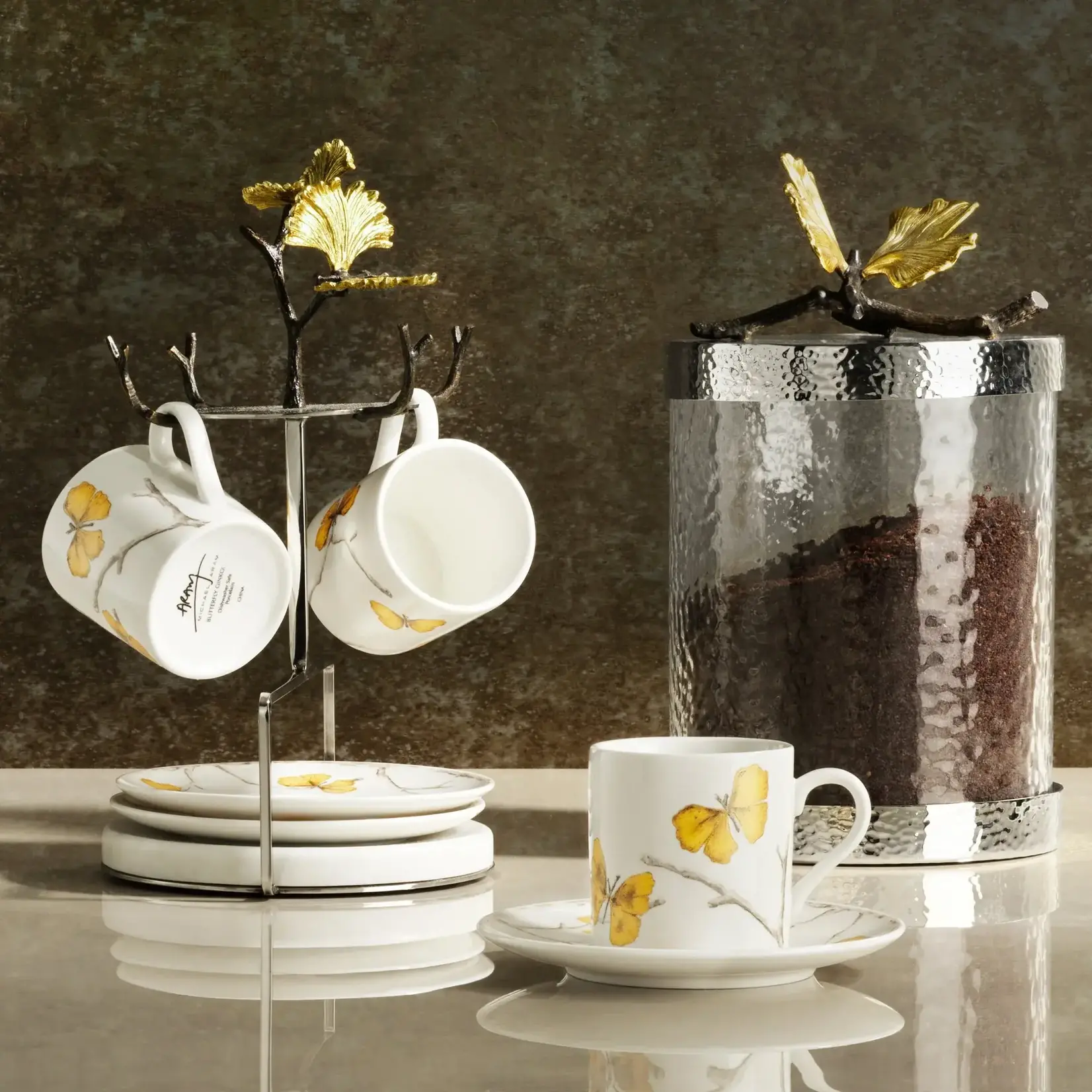 Butterfly Ginkgo Gold Demitasse Set with Stand