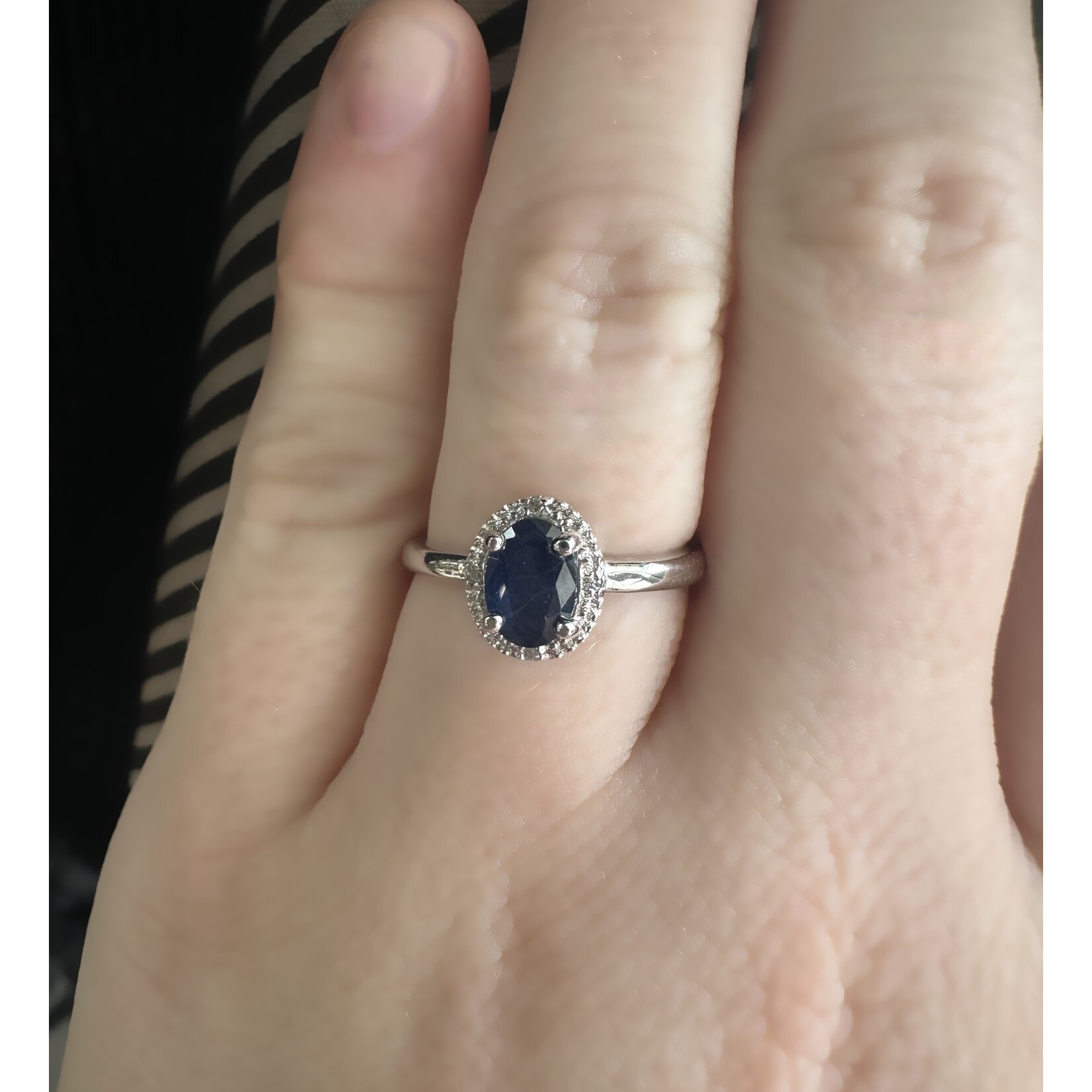 10k White Gold Oval Sapphire & Halo Diamond Ring