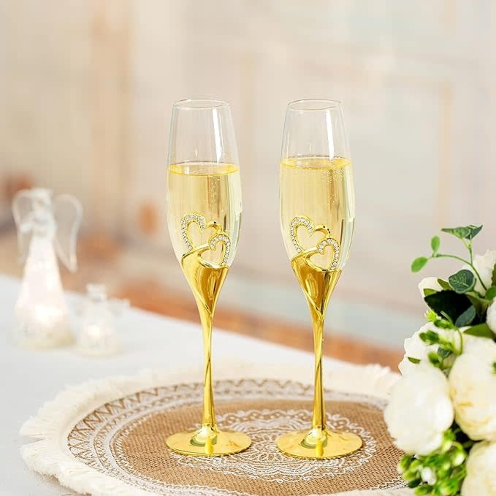 Gold-Toned Champagne Flutes with Crystals