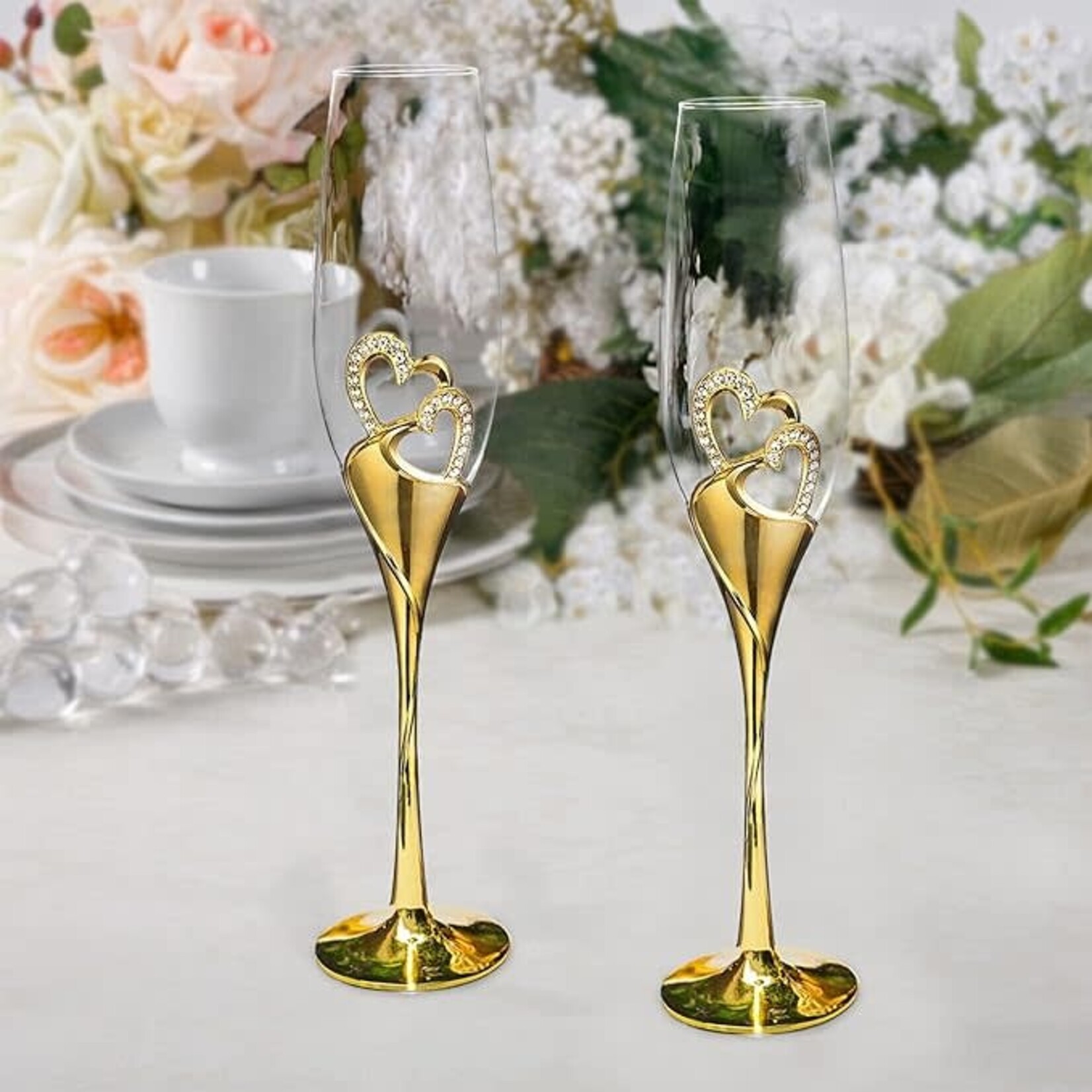 Gold-Toned Champagne Flutes with Crystals