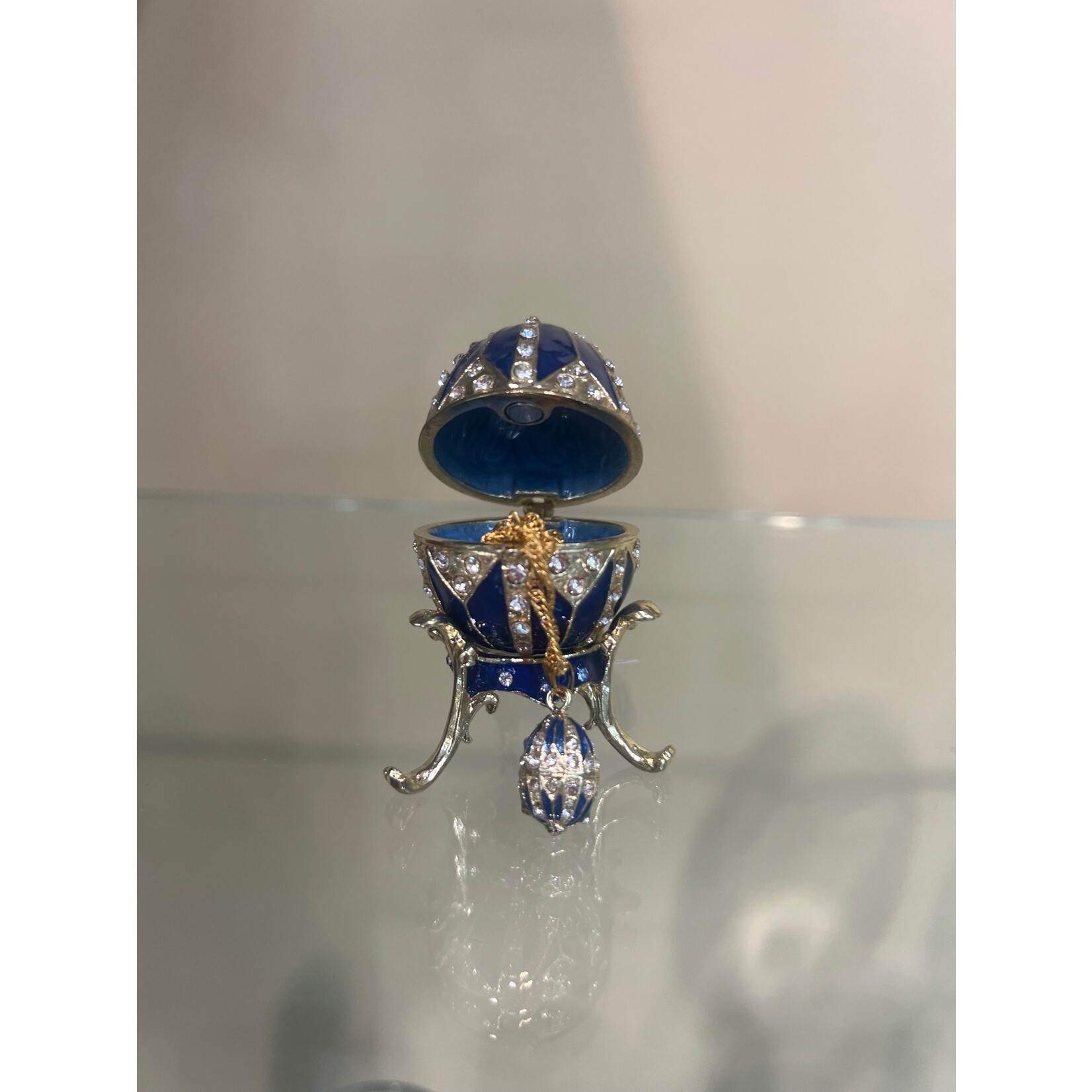 Jeweled Blue Egg Trinket Box with Necklace